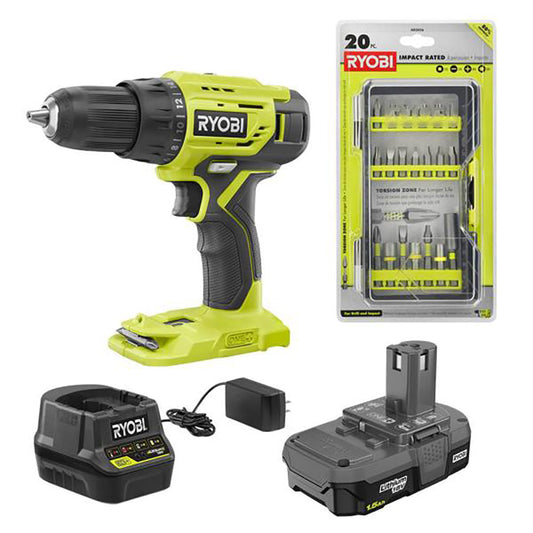 18V ONE+ 1/2” Drill/Driver Kit with 20 PC. Impact Rated Driving Kit RYOBI Tools
