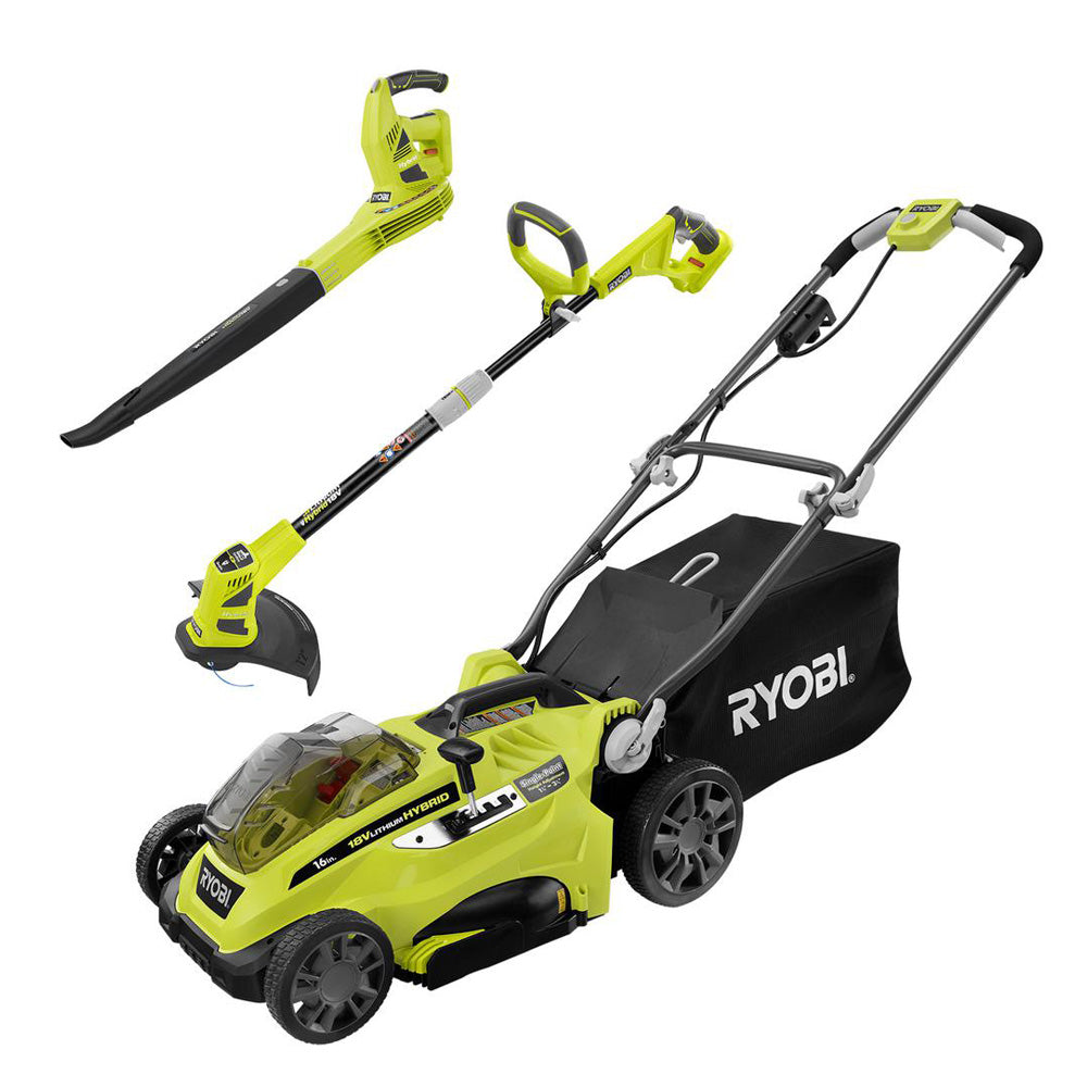 18V ONE+ 16" Hybrid Lawn Mower with Hybrid Trimmer and Sweeper Combo Kit - Battery and Charger Not Included RYOBI Tools