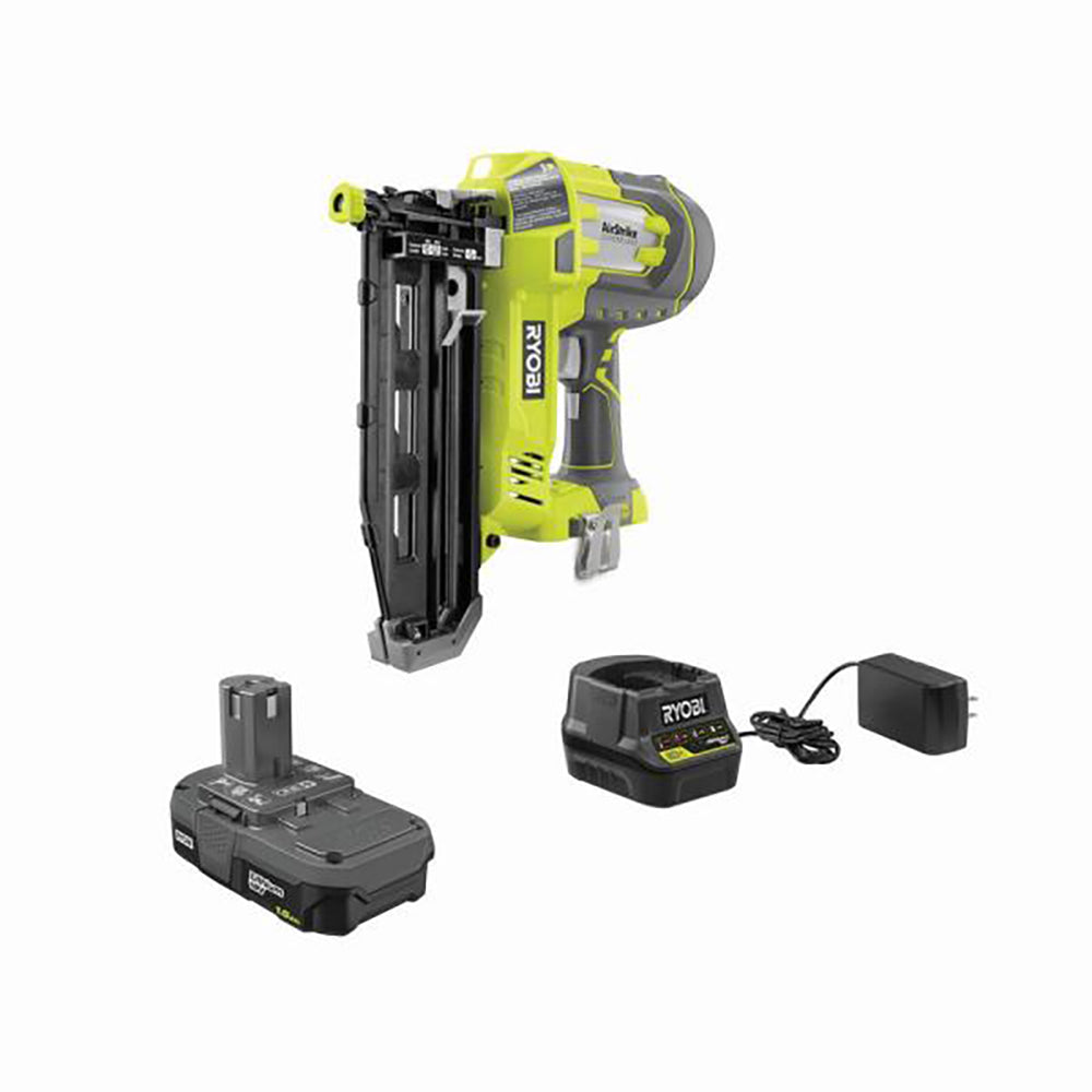 18V ONE+ AirStrike 16-Gauge Straight Finish Nailer with Sample Nails, (1) 1.5 Ah Battery and Charger RYOBI Tools