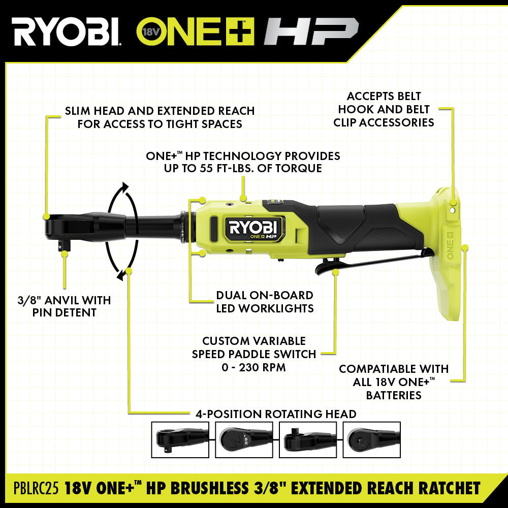 18V ONE+ HP Brushless 3/8" Extended Reach Ratchet Image 2