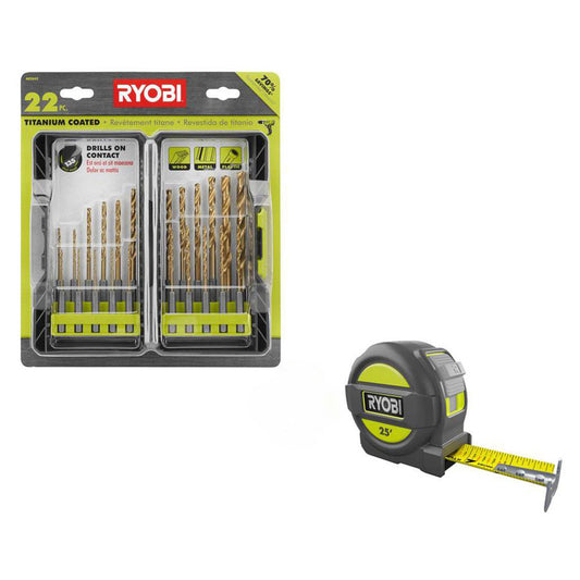 TITANIUM DRILL BIT KIT (22-PIECE) WITH BONUS 25 FT. TAPE MEASURE RYOBI Tools