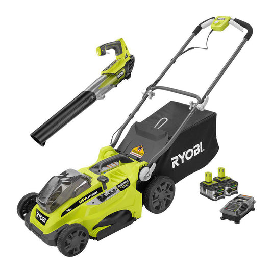 ONE+ Lithium+ 16" 18V Lawn Mower/Jet Fan Blower Combo Kit - Two 4.0 Ah Batteries and Charger Included RYOBI Tools