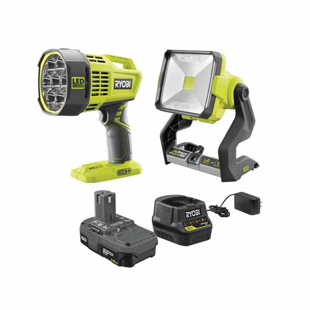 18V ONE+ Hybrid LED Spot Light and Hybrid LED Work Light Kit with (1) 1.5 Ah Battery and Charger RYOBI Tools