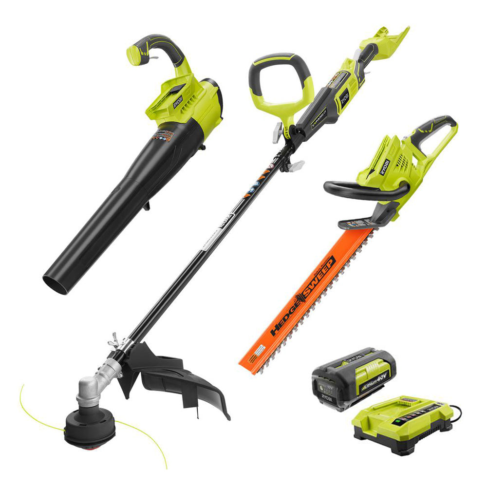 Gas-Like Power 40V Trimmer/Blower/Hedge Combo Kit - 2.6 Ah Battery and Charger Included RYOBI Tools