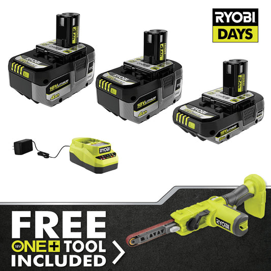 18V ONE+ LITHIUM HIGH PERFORMANCE STARTER KIT WITH FREE 18V ONE+ 1/2" X 18" BELT SANDER RYOBI Tools