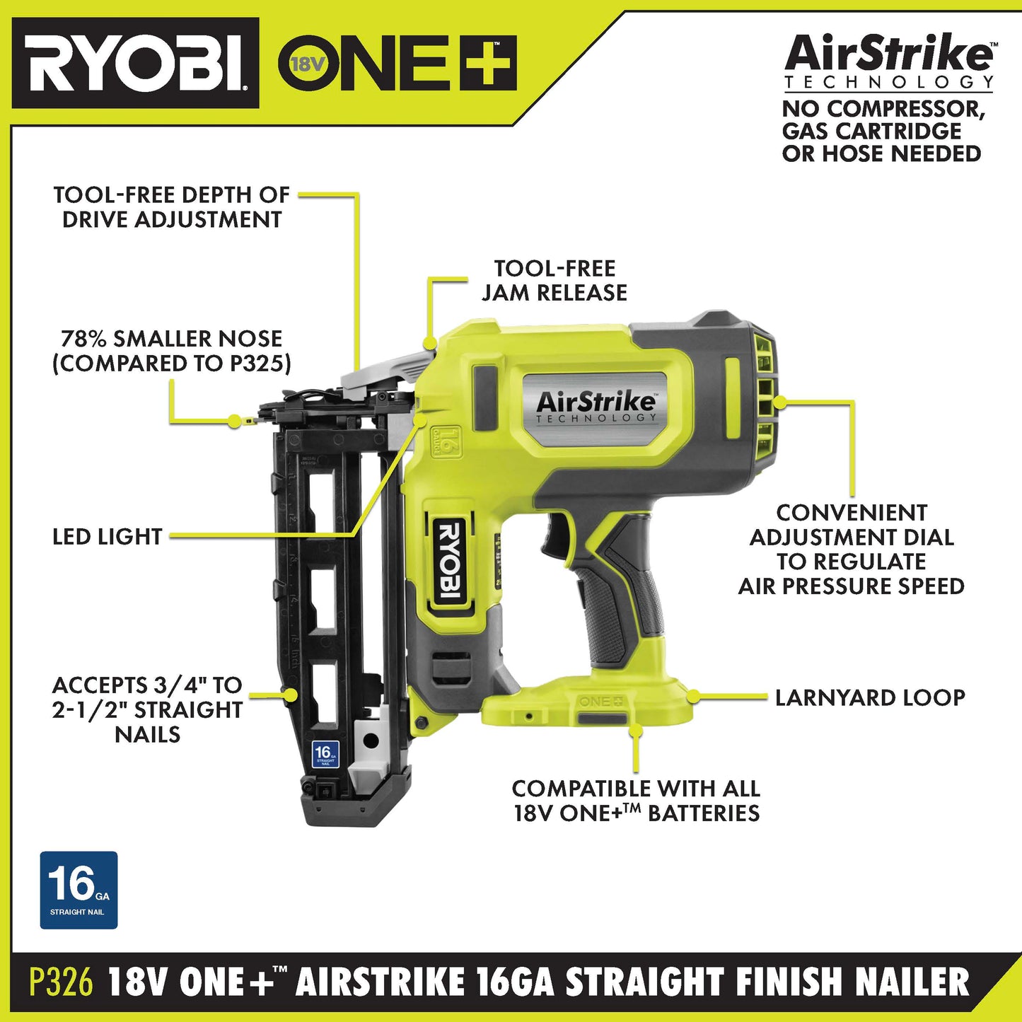 18V ONE+ AIRSTRIKE 16GA FINISH NAILER - Tool Only Image 2