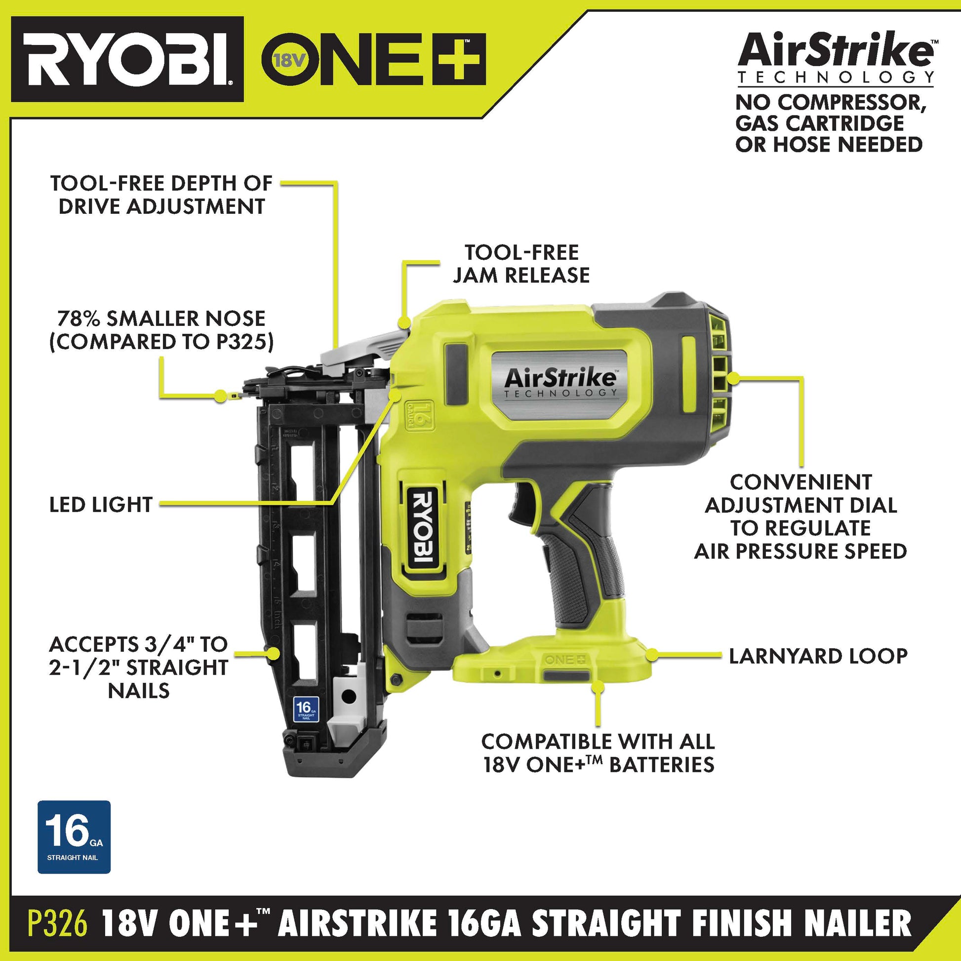 18V ONE+ AIRSTRIKE 16GA FINISH NAILER - Tool Only Image 2