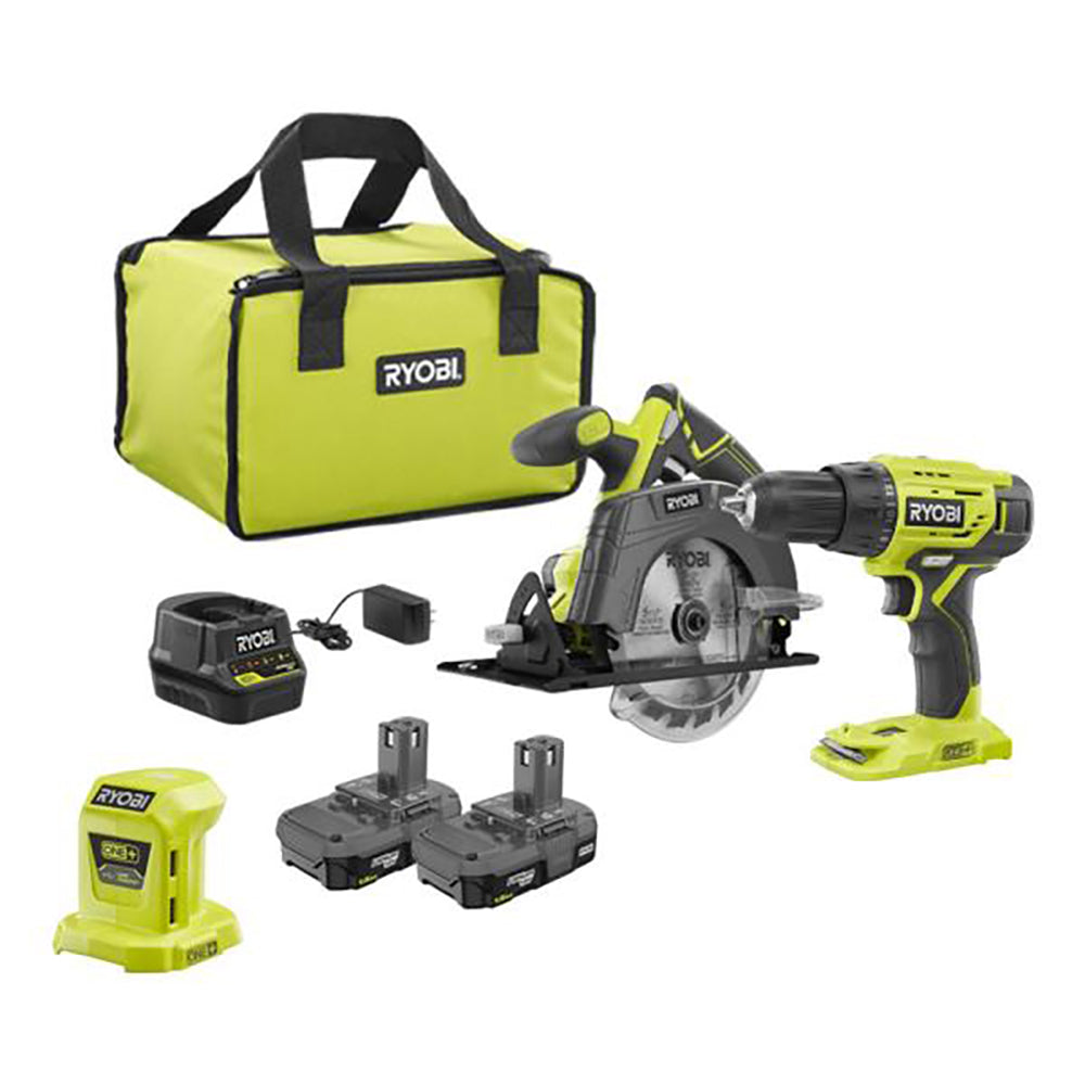 18V ONE+ Drill/Driver, Circular Saw Kit w/(2) 1.5 Ah Batteries, Charger, Bag and Portable Power Source RYOBI Tools