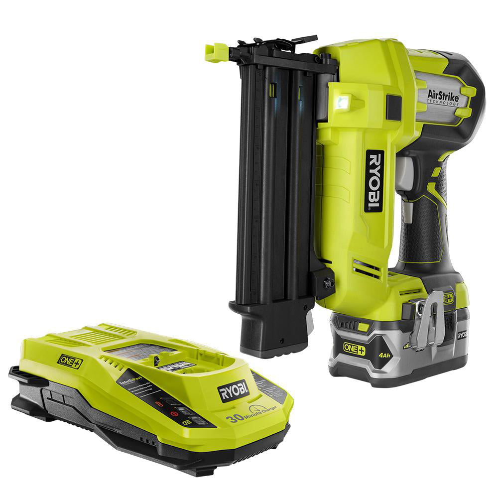 18V ONE+ AirStrike 18-Gauge Brad Nailer with (1) 4.0 Ah LITHIUM+ Battery and 18V Charger RYOBI Tools