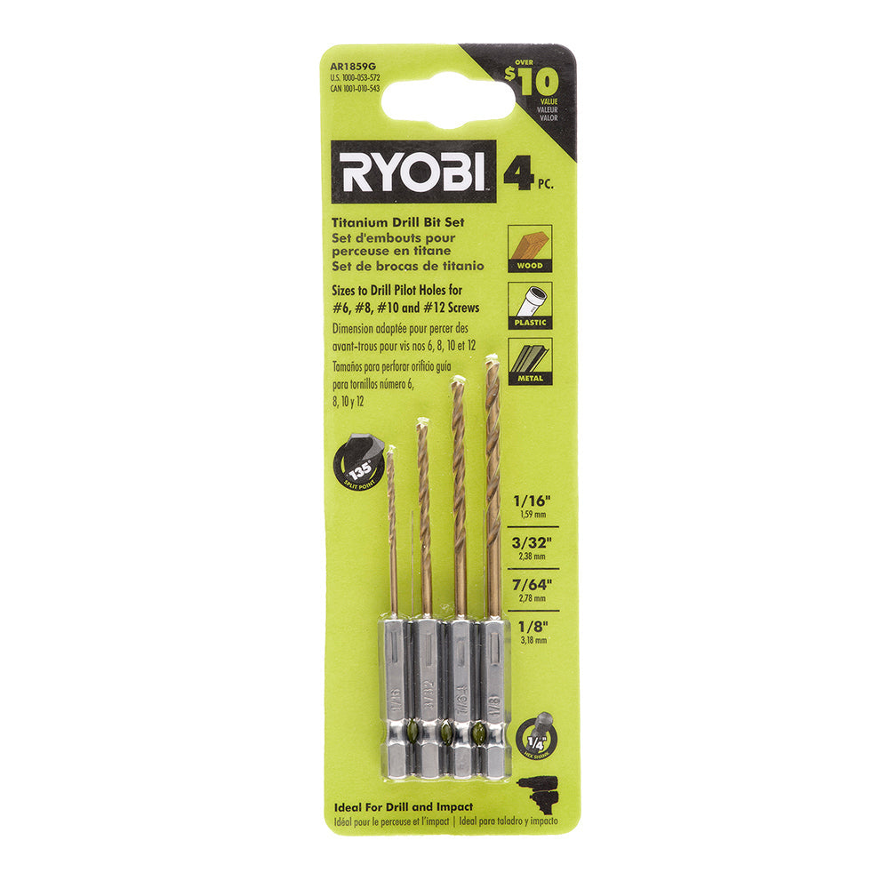 Hex Shank Pilot Titanium Drill Bit Set (4 PC.) RYOBI Tools