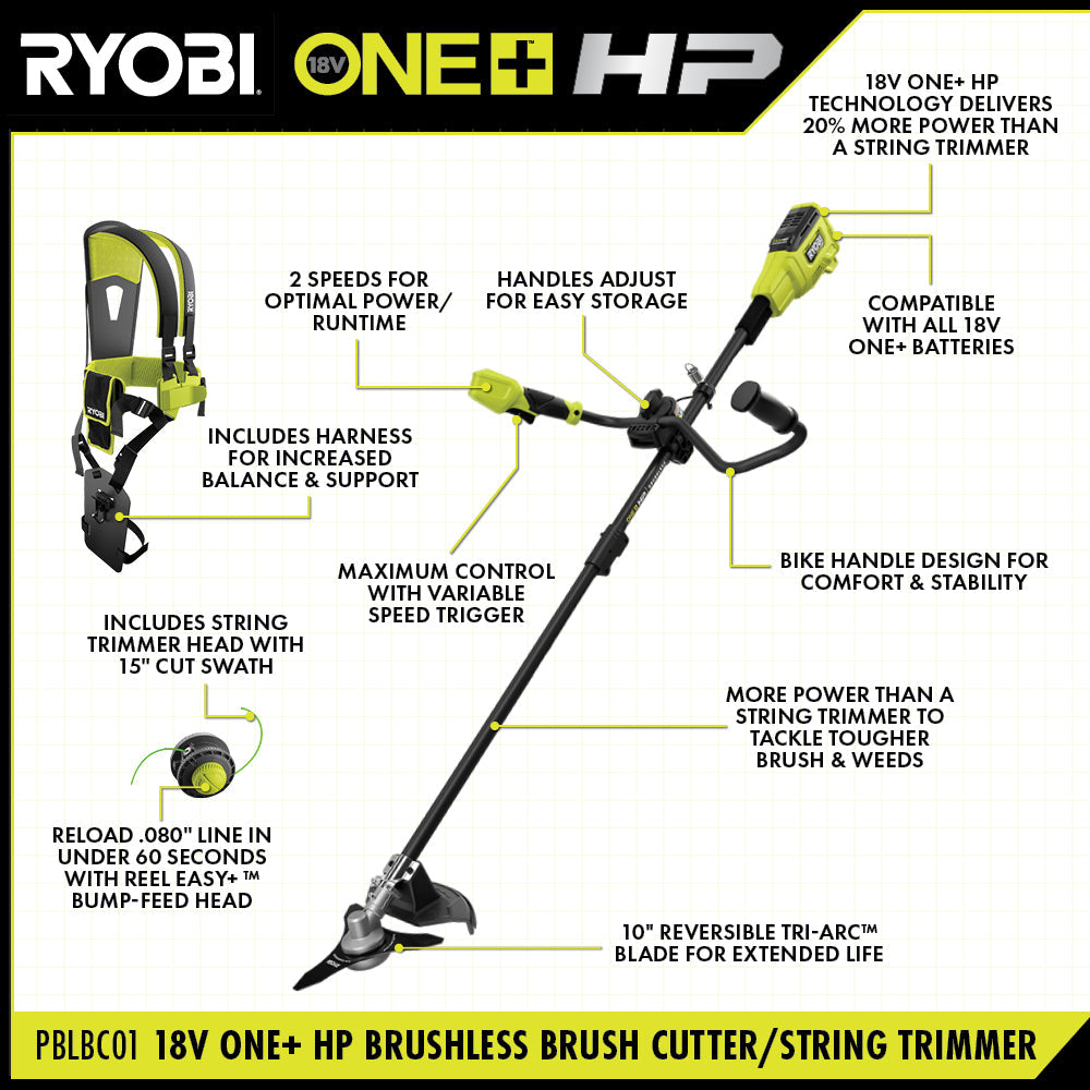 18V ONE+ HP Brushless Brush Cutter/String Trimmer RYOBI Tools