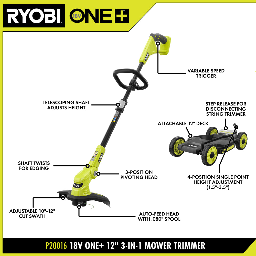 18V ONE+ 3-in-1 Mower, String Trimmer, and Edger RYOBI Tools