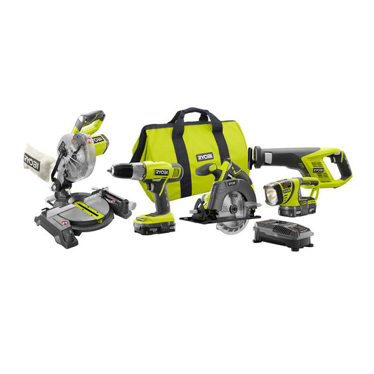 18V ONE+ 5-Tool Combo Kit with Miter Saw, (2) 1.3 Ah Batteries, Charger, and Tool Bag RYOBI Tools