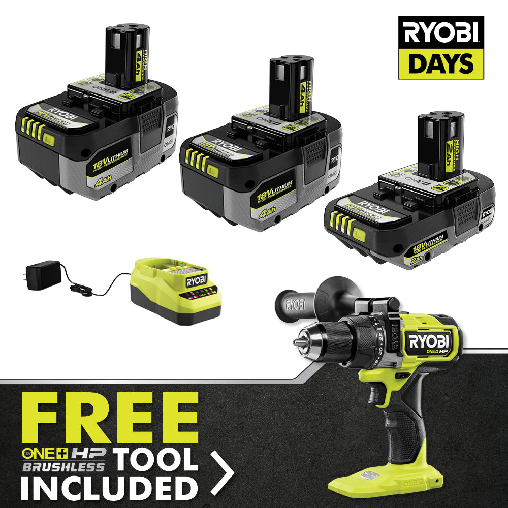18V ONE+ LITHIUM HIGH PERFORMANCE STARTER KIT WITH FREE 18V ONE+ HP BRUSHLESS 1/2" HAMMER DRILL RYOBI Tools