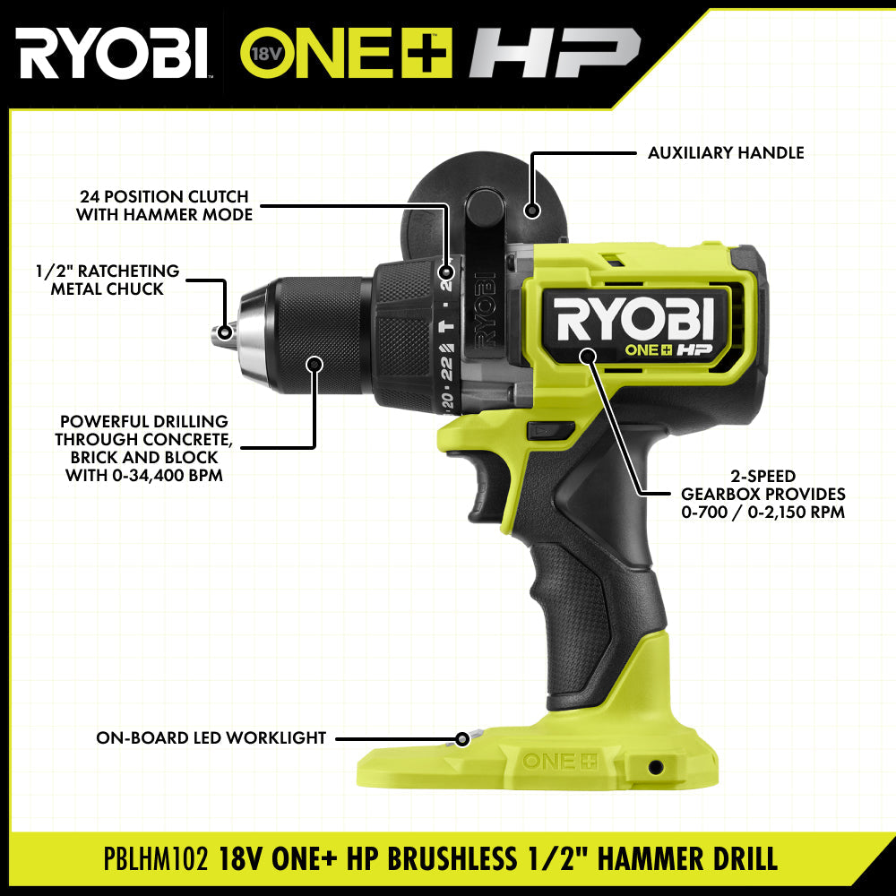 18V ONE+ HP Brushless 1/2" Hammer Drill Kit RYOBI Tools