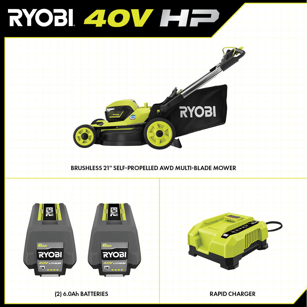 40V HP BRUSHLESS 21" SELF-PROPELLED AWD MULTI-BLADE MOWER KIT RYOBI Tools