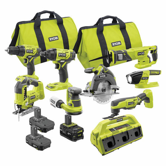 18V ONE+ 9-Piece Combo Kit with (3) Batteries and 6-Port SUPERCHARGER RYOBI Tools