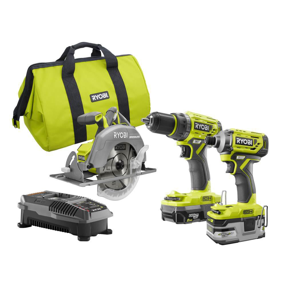 18V ONE+ LI-ION BRUSHLESS 3-TOOL COMBO KIT WITH DRILL/DRIVER, IMPACT DRIVER, CIRC SAW, BATTERIES, CHARGER RYOBI Tools