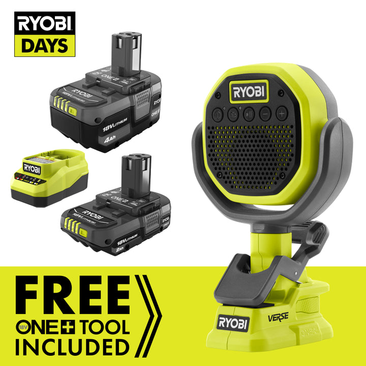 18V ONE+ LITHIUM STARTER KIT WITH FREE 18V ONE+ VERSE™ CLAMP SPEAKER RYOBI Tools-Sandbox