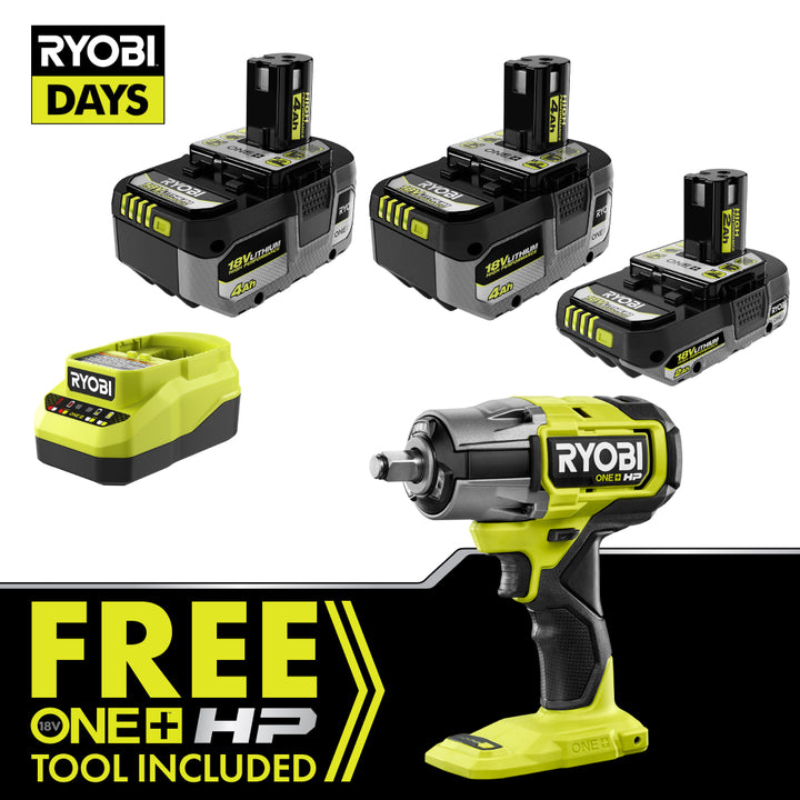 18V ONE+ LITHIUM HIGH PERFORMANCE STARTER KIT WITH FREE 18V ONE+ HP Brushless 4-Mode 1/2" Impact Wrench RYOBI Tools-Sandbox